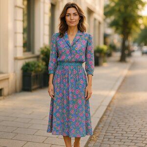 Vintage Diane Freis Maxi Dress Floral, Pleated w/ Shoulder Pad Bohemian